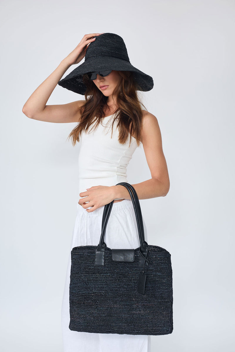 Black Raffia_Leather Tote Bag