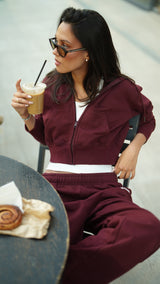 Sweatshirt_ Cropped Zipper Hoodie_Burgundy